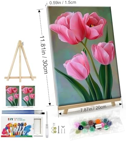 ATDMS Paint by Numbers Kit for Adults with Frame Flowers Paint by Number with Easel DIY Tulip Adult Paint by Number Kits Oil Painting Kits for Gift Home Wall Decor 8x12 Inch