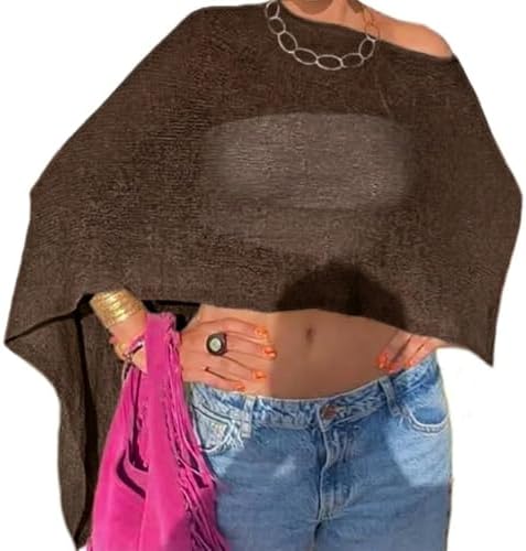 Nicoxijia Women Y2K Sheer Knit Poncho Top Lightweight Summer Beach Knit Shrug Shawl Bolero Off Shoulder Mesh Sweater Cover Up