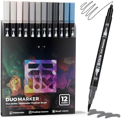 Gray Duo Tip Marker Pens, 12 Fine & Brush Tip Pen For Adult Coloring Books