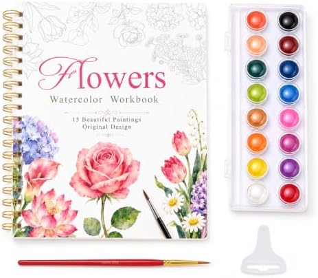 Watercolor Workbook for Beginners, 15 Beautiful Flower Water Coloring Book, Includes 24 Water Colors Workbooks Paint Set, Relaxing Art Projects and Creative Gift for Adults & Teen