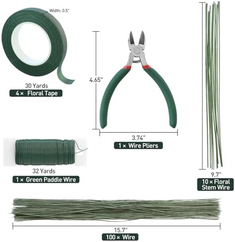Floroom Floral Tape and Wire Kit with Cutter, 26 & 18 Gauge Stem Wire, 22 Gauge Paddle Wire, Flower Arrangement Tool Set for DIY Crafts, Bouquets, Florist Making & Supplies, Green