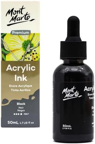 Mont Marte Acrylic Ink Premium 50ml - Black, Acrylic Inks for Artists, Fluoro Colors, Ideal for Air Brush, Pouring Art, Scrapbooking, Ink Drawing, Mixed Media