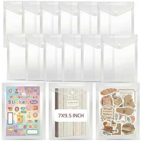 Sticker Organizer, Clear Plastic Envelopes with Snap, 12 Pack Waterproof and Durable for Sticker Storage, Scrapbook Storage, Washi Tape, Scrapbooking & Stamping Supplies (7 x 9.5 Inches)