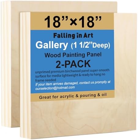 Falling in Art 2 Pack 18x18 Gallery Unfinished Wooden Canvas Panels | Birch Wood Panels Kit, 1 1/2" Deep Art Cradle Boards for Acrylic Painting, Pouring and Burning
