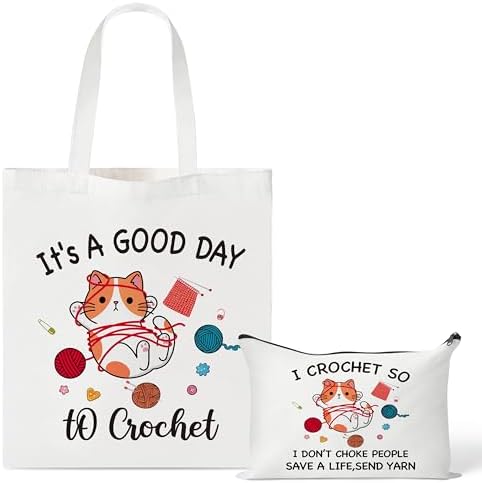 Y1tvei Crochet Canvas Tote Bag - 2Pcs Cosmetic Pouch Tote Bag Reusable Grocery Folding Shopping Bag for Crocheters Women
