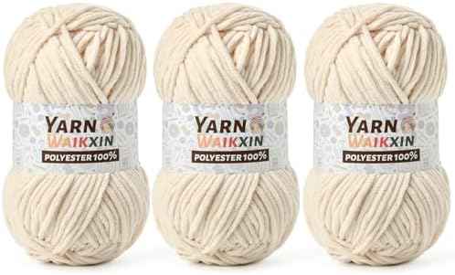3 Pack Soft Chenille Yarn for Crocheting, Fluffy Chunky Crochet Yarn for Baby Blanket, (5.29oz/196.8yds) Fuzzy Velvet Yarn for Amigurumi&DIY Puzzle、Crafts、Scarf(3 Beige)