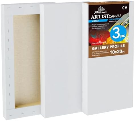 PHOENIX 10x20 Inch 3 Pack Gallery Canvas - 1.5 in Thick Long Canvases for Painting - Deep Edge 100% Cotton 11 Oz. Gesso Primed White Blank Professional Canvas Oil & Acrylic Paints