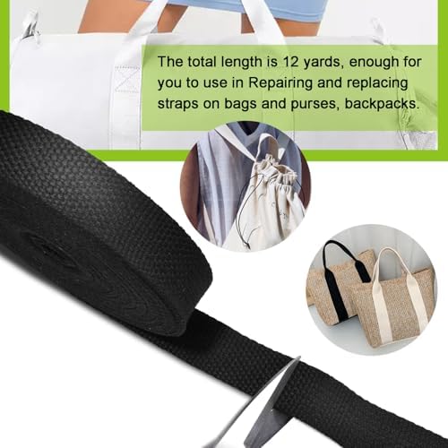 Cotton Webbing 1.5 Inch 12 Yards Natural Cotton Webbing Straps for Bags Handles, 1.5 Inch Weave Webbing for Cloth Tote Bag Straps Making,Cloth Belt, DIY Crafts Decoration (Black)