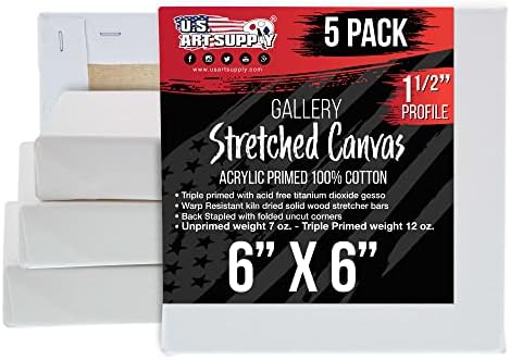 U.S. Art Supply 6"x6" Stretched Canvas for Painting, Gallery Depth 5-Pack | Square, 1-1/2" Thick - 12oz Acrylic Gesso Triple Primed, Professional Artist Quality, 100% Cotton - Oil, Pouring Paint
