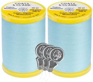 Coats & Clark Cotton All Purpose Sewing Thread 100% Mercerized Cotton 225 Yards Each Spool S970 2 Pack Bundle with 3 Bella's Crafts Needle Threaders (ICY Blue)