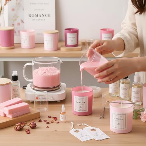 12Pcs Assorted Pink Candle Jars for Making Candles, 10oz Empty Jars with Bamboo Lids and Labels, Glass Candle Jars for Candle Making Supplies, Candle Containers for DIY Gifts