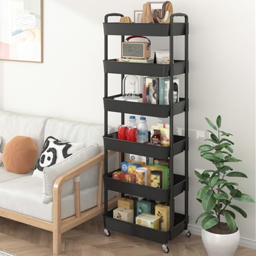 Sywhitta 6-Tier Plastic Rolling Utility Cart with Wheels for Storage,Black