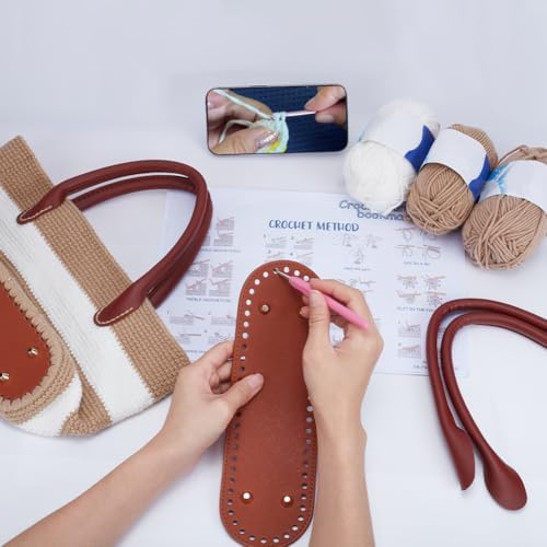 ORIGACH DIY Crochet Handbag Kit for Beginners, Khaki Striped Crochet Bag with PU Leather Band and Base, Complete Crochet Set to Make a Bag, Include Yarn, Crochet Hooks, Markers and Instruction