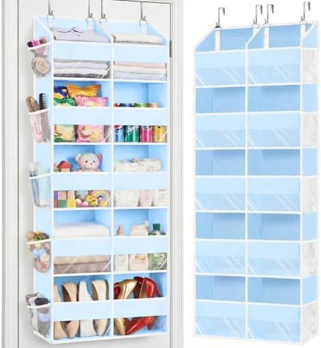 Blue Over the Door Organizer 5 Tiers, Extra Large Behind Door Storage of 10 Compartments, 80 lbs Weight Capacity Hanging Storage Organizer with Clear Window Kids Toys, Shoes, Diapers, Room storage