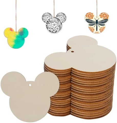 Mouse Head 30Pcs Unfinished Wooden Gift Ornaments DIY Craft Birthday Present-30Pack Paintable Blank Natural Mouse Head Cutouts Hanging Wood Slices for Kids Art Crafts DIY Gift Party Supplies