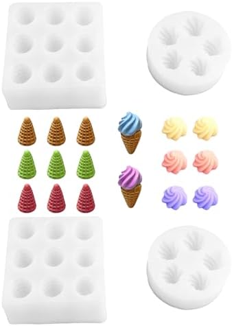 Mini Cream & Cone Silicone Mold, 4 Pieces Non-Stick Food Shape Candle Molds for Chocolate, Resin, Soap | Cute Bread Fondant Molds for Baby Shower Birthday Party DIY Crafts‌ (Cream & Cone)