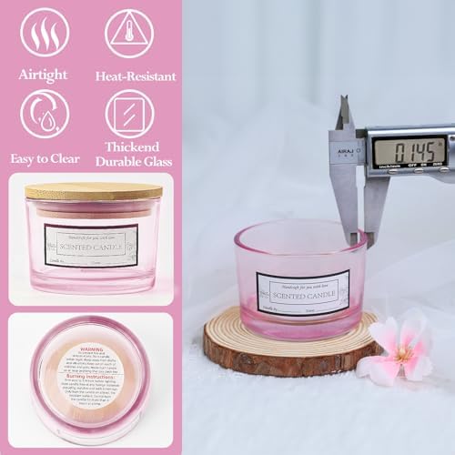 CONNOO 15 Pack 4oz Pink Glass Candle Jars with Airtight Bamboo Lids