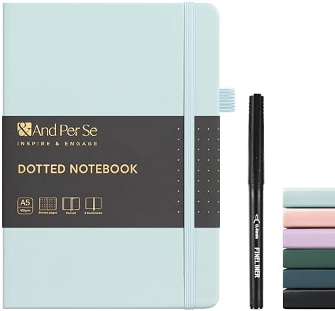 &And Per Se Dotted Notebook with Pen, A5 Hardcover Dotted Journal, 160 Pages 100GSM Thick Paper Dot Grid Journal with Fineliner Pen (Cyan)