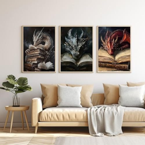 GOUOYANA 3P Dragon and Book Paint By Numbers Kit for Adults Acrylic Canvas | Adult Paint by Number Kits Acrylict Canvas for Painting DIY Dragon And Book Paint by Numbers for Home Wall Art Gift 12X16in