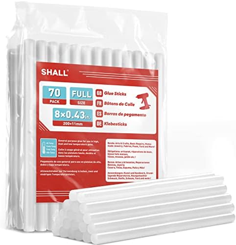 SHALL Full Size Hot Glue Sticks, 0.43” Dia x 8” Long, 70-Pack Clear Hot Melt Glue Gun Sticks for All-Temp Glue Guns, Multipurpose for Kids Adults DIY Art Craft Sealing Repairing Festival Decoration