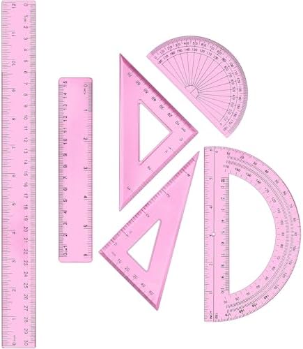 Tenare 6 Pcs Math Geometry Ruler Set, Protractor Triangle School,Pink