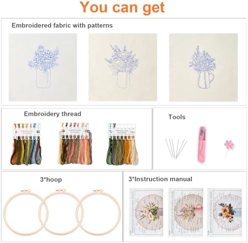 Myfelicity Embroidery kit,Floral Embroidery Art Kit, Set of 3, Decorative Pitcher Designs with Sunflowers and Wildflowers