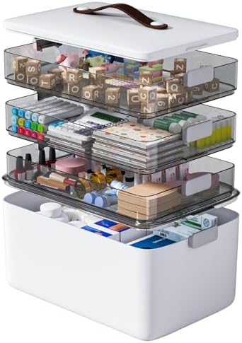 MOPUP 4-Tier Medicine Craft,Sewing,Art,Organizer Storage,Portable Latch Bin with Lid and Leather Handle,Pill Bottle, First Aid,Multipurpose Organizer with Removable Tray,A Household Essential