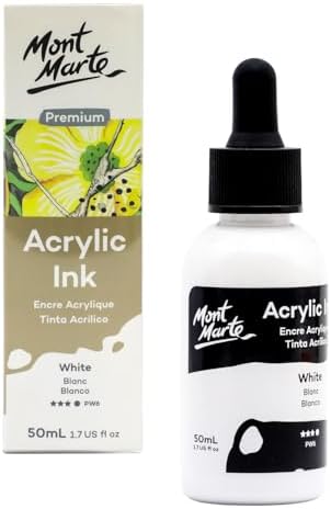 Mont Marte Acrylic Ink Premium 50ml - White, Acrylic Inks for Artists, Fluoro Colors, Ideal for Air Brush, Pouring Art, Scrapbooking, Ink Drawing, Mixed Media