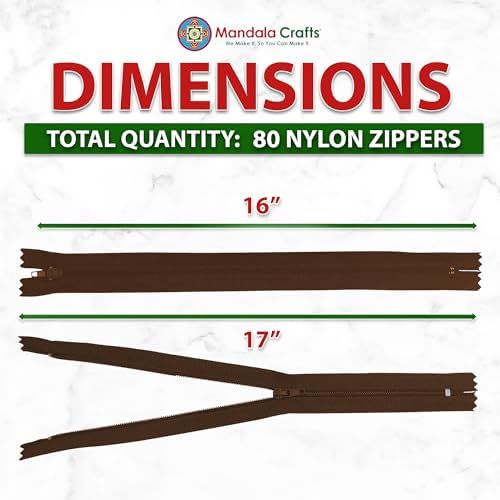 Mandala Crafts 80 PCs Dark Brown Closed-End 16 in Nylon Zippers for Sewing