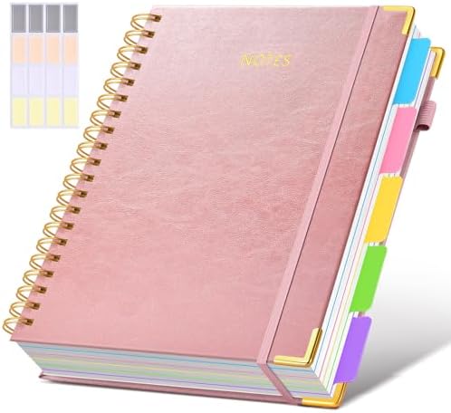 Hardcover Spiral Notebook 8.5"x11" Journal with Removable Dividers Tabs, 300 Pages Leather 5 Subject Notebook College Ruled, Large Notebooks for Work School, Lined Journal for Women, A4 Rose gold