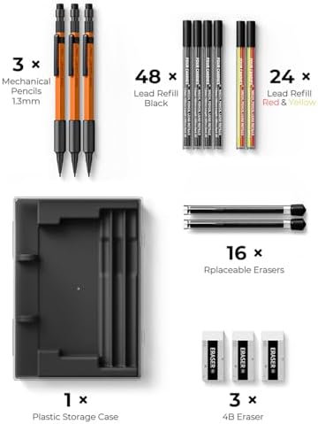 Four Candies 3PCS 1.3mm Metal Mechanical Pencil Set with Case (Orange)