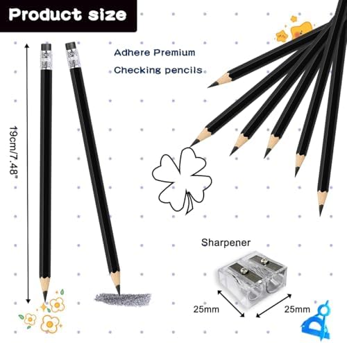 Adhere 25pcs Checking Pencils Erasable colored Pencils Pre-Sharpened #2 HB,for Checking Tests Grading,Map Coloring, editing Office Favors,including a Free sharpener. (Black)