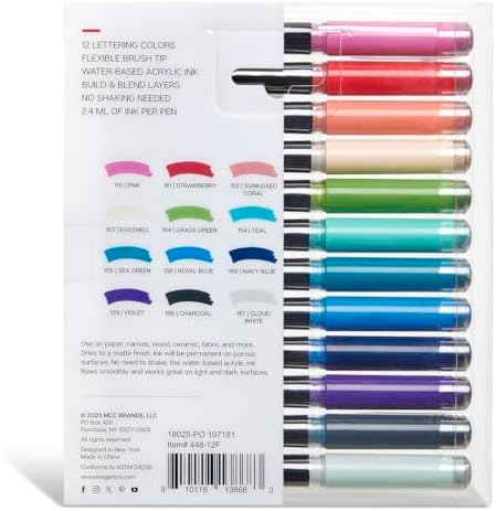 KINGART Acrylic Paint Markers Brush Tip, 12 Lettering Colors. Water-based, no-bleed, waterproof pens with automatic ink control for rock, egg, wood, fabric, glass & DIY crafts