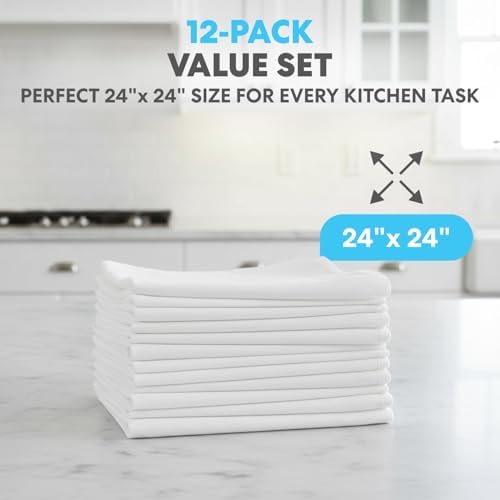 Simpli-Magic Flour Sack Kitchen Towels 24"x24" (12 Pack) – 100% Cotton, Lint-Free, High Absorbent Tea Towels – Perfect for Dish, Baking, Crafting