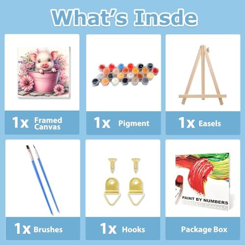 Pig Paint by Numbers Kit for Adults Beginner, Pig Paint by Numbers 10x10 in | Framed Paint by Numbers with Easel, Acrylic Painting by Numbers, DIY Arts and Crafts for Gifts or Home Decor