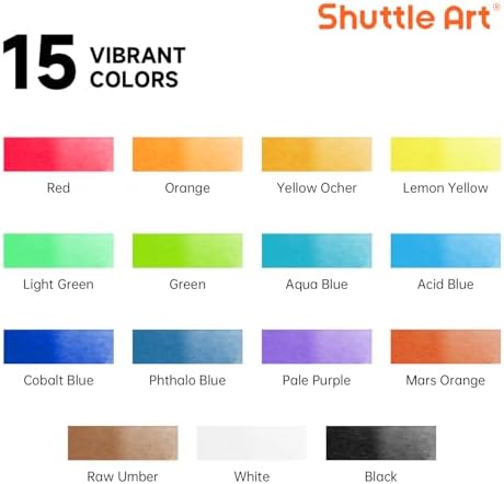 Shuttle Art Watercolor Paint Set, 15 Colors Watercolor Paint in Tubes (12ml Each) with 3 Brushes, Rich Pigments, Easy to Blend, Perfect for Kids, Artists, Beginners, Students
