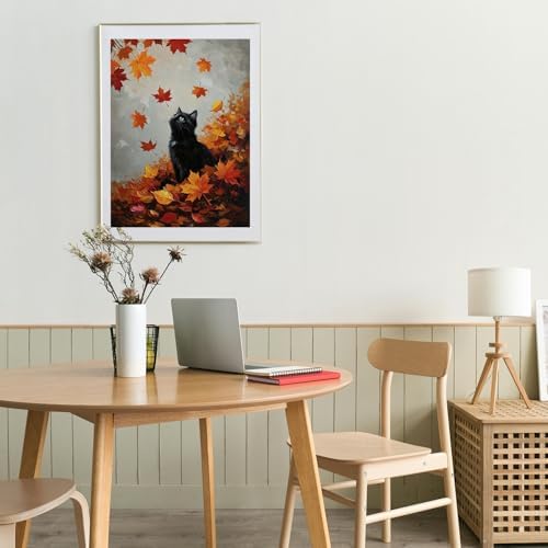 MIRCVSH Autumn Diamond Painting Kits for Adult Beginners,Black Cat and Fallen Leaves Diamond Art Kits for Adults,DIY Full Round Drill Gem Art Painting Crafts Kit for Home Wall Decor 12X16 Inch.