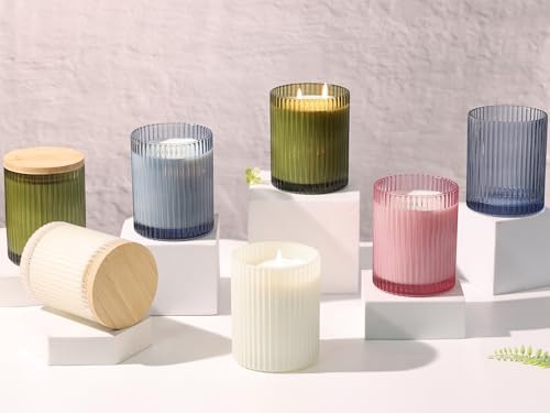 14OZ Clear Glass Candle Jars for Making Candles, 6 Pack - Empty Candle Jars Bulk with Bamboo Lids and Accessories, Ribbed Candle Vessels Containers for Candle Making