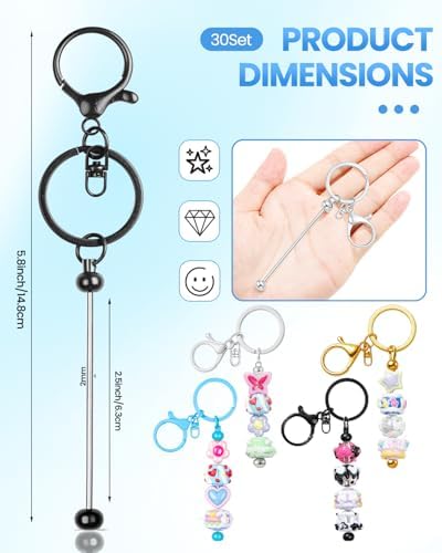 RQAYE 30pcs Beadable Keychains keychain bulk kit cute blank bead keychain strip DIY men's and women's making supplies crafts, jewelry, bag accessories, customized project gifts (Black)