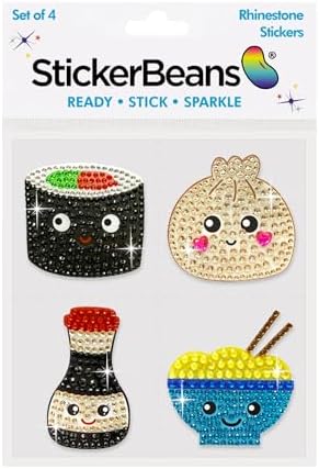 StickerBeans® Rhinestone Stickers - Savory & Sushi Sticker Pack, 2” x 2” Each, Unique Sparkly Cut-to-Shape for Collecting, Trading, Decorating Laptops, Phone Cases, Scrapbooks