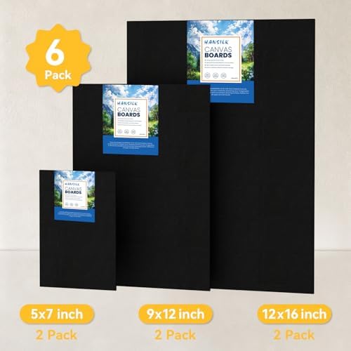 6pk Black Canvas Panels for Painting, 100% Cotton Pre-Primed Canvas Boards 5x7 9x12 12x16, Blank Black Canvases for Acrylic Oil Watercolor, Art Supplies for Artists Kids Adults