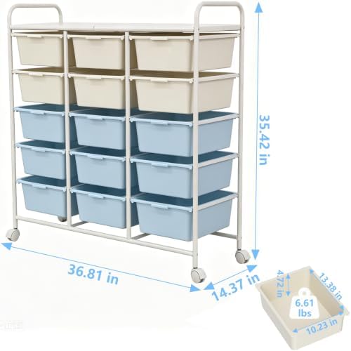 15-Drawer Rolling Storage Cart with Wheels, 2-Color Plastic Drawer Cart | Mobile Organizer Cart, Utility Storage Trolley for Office, Living Room, Craft Room, Bathroom, and Home Organization