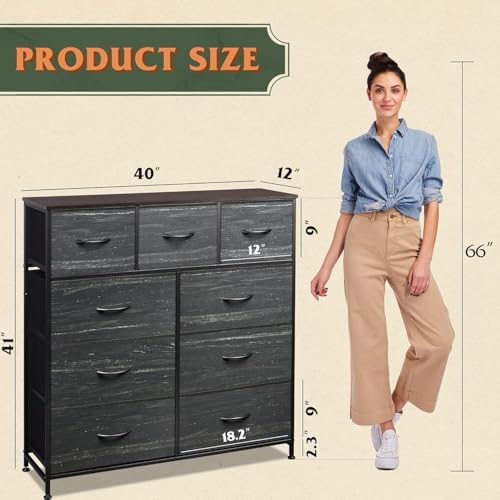 WLIVE Tall Dresser for Bedroom, 9 Drawer Chest of Drawers, Black Wood Grain | 9 roomy fabric drawers, Tall storage design, Bedroom or closet use, Sturdy steel frame, Smooth wood tabletop