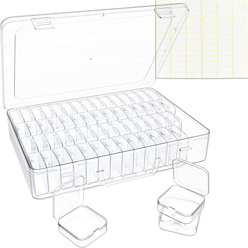 Bead Organizer Box, 60 Pack Small Clear Storage Boxes with Labels, Large Travel Craft Case with Handle, Mini Plastic Containers for Jewelry Making Diamonds DIY Pony Bracelet Screws Seeds Small Parts