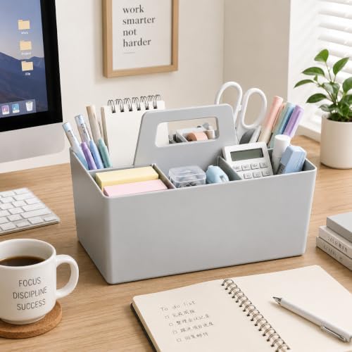 Multipurpose Caddy Organizer with Handle Plastic Desk Storage, Gray