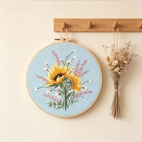 Silentsea Embroidery Kit – Sunny Sunflowers with Delicate Purple and White Floral Accents, Perfect for Beginners and Craft Lovers