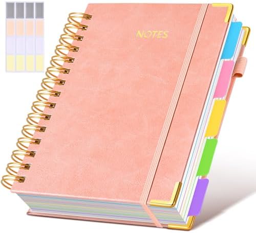 Hardcover Spiral Notebook journal with Removable Dividers Tabs, 300 Pages Leather 5 Subject Notebook College Ruled, 100GMS A5 Notebooks for Work School Note taking,Lined Journal for Women,A5-Pink