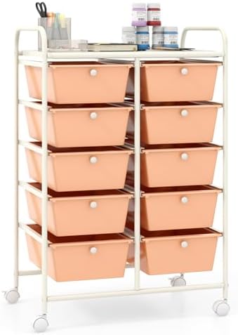 Giantex 10 Drawers Rolling Cart, Classroom Organizers, Storage Cart with Wheels, for Teacher Office Home School Supplies Tool Craft Art Paper, Peach Fuzz