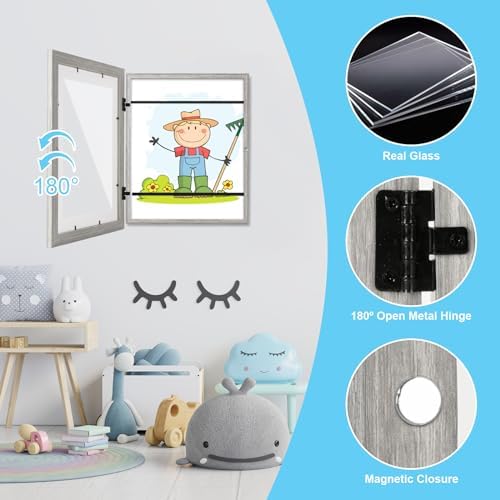 [2 Pack] Kids Art Frames, 10x12.5 Front Opening Kids Artwork Frames Changeable, Grey Wood Grain Artwork Display Storage Frame for Wall, Holds 50 Pcs, for 3D Picture, Crafts, Children Drawing, Hanging