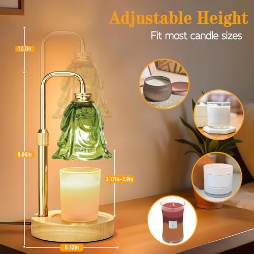 XJZJY Green Glass Flower Candle Warmer Lamp with Timer, Modern Home Decor | Dimmable wax melt warmer with 2 bulbs for jar candles, height adjustable, Green tulip design, home decor, housewarming gifts